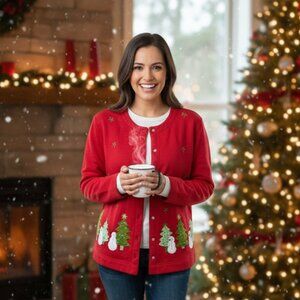 Classic Elements Red Christmas Tree Cardigan EUC